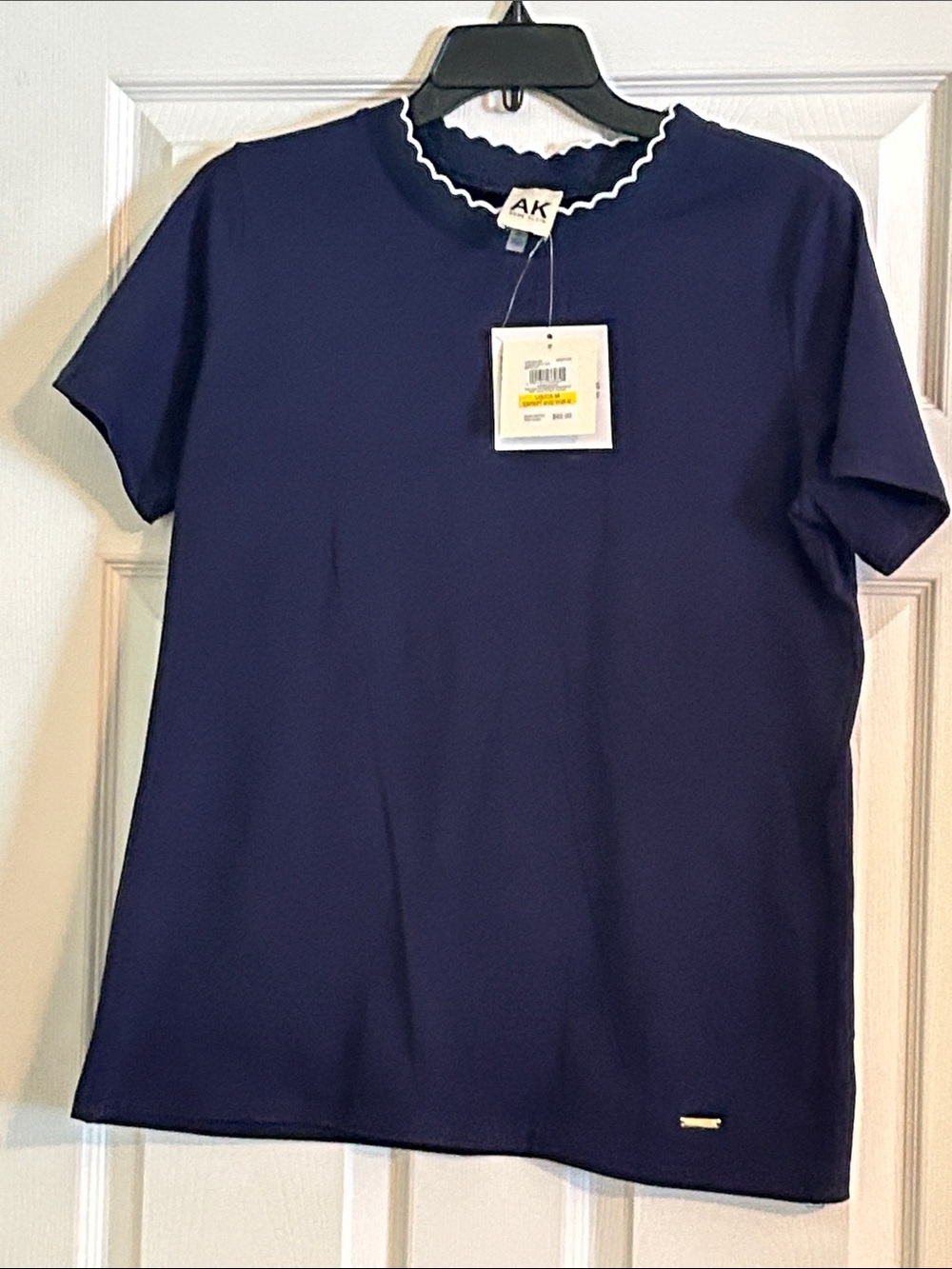 Anne Klein Navy Short-Sleeve Tee with White Scallop Neck